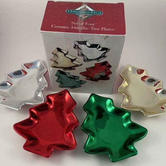 Holiday Tree Plates by Trimmings Etc. 4 Ceramic Metallic Small Serving Plates - Picture 2 of 11